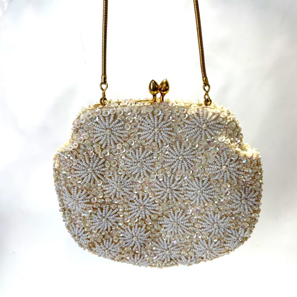 Vintage La Regale Beaded Sequin Evening Purse Ivory Floral Gold Chain Hong Kong